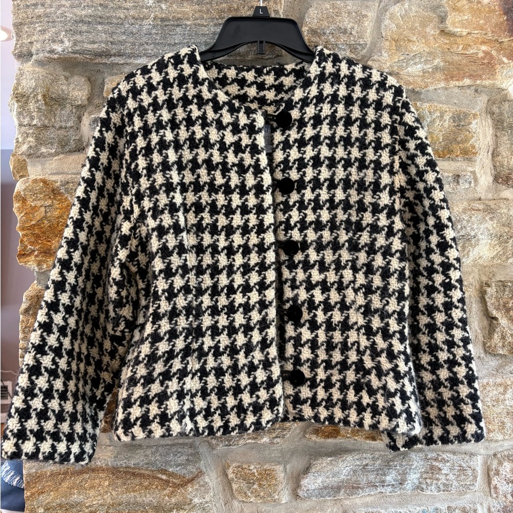 Tapestries Ireland Thick Wool Sweater Cardigan Black White Houndstooth Small